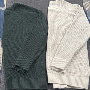 Old Navy So Soft Waffle Knit Crewneck Sweater - Olive Green & Cream